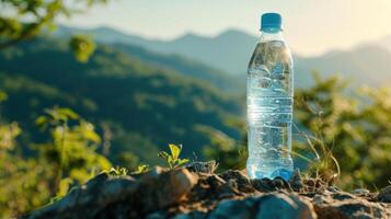 ai genererad flaska av rena dricka vatten på en sten på en ljus solig dag, bergen i de bakgrund foto