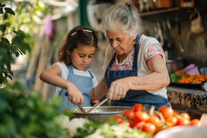 ai genererad en mormor undervisning henne barnbarn till laga mat i en hemtrevlig trädgård kök, omgiven förbi färsk foto