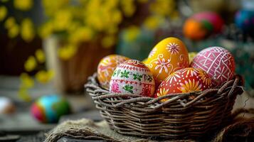 ai genererad vibrerande målad påsk ägg inbäddat i en rustik korg. foto