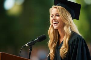 ai genererad en leende kvinna examen leverera en Tal på en podium, utomhus med en grön bakgrund. foto