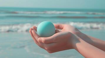 ai genererad händer innehav en blå boll på en strand bakgrund foto