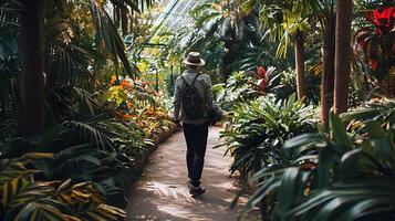 ai genererad explorer vandrande genom frodig växthus väg foto