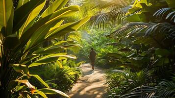 ai genererad morgon- promenad i tropisk trädgård väg foto