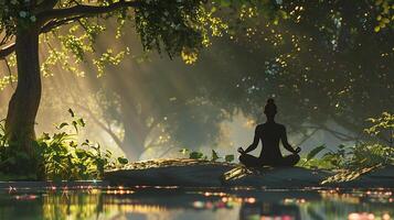 ai genererad lugn meditation förbi de sjö på gryning foto