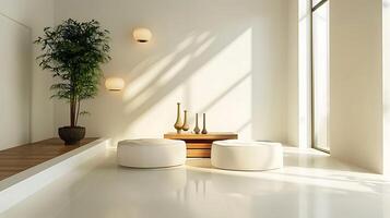 ai genererad solbelyst minimalistisk interiör med inlagd växt foto