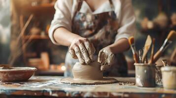 ai genererad konstnärens händer crafting krukmakeri på hjul i studio foto