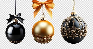 ai genererad uppsättning av svart och guld jul boll dekorationer, generativ ai foto