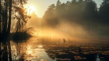 ai genererad mystisk soluppgång över dimmig skog sjö foto