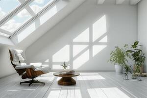 ai genererad interiör av ett tömma vit levande rum i de vinden med en takfönster och ett fåtölj foto