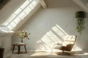 ai genererad interiör av ett tömma vit levande rum i de vinden med en takfönster och ett fåtölj foto