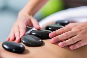 ai genererad närbild av en kvinna har en varm sten massage i spa salong foto