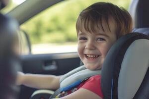 ai genererad liten pojke leende i en barns bil sittplats foto
