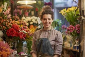 ai genererad ung kvinna blomsterhandlare leende bland blommor i en blomma affär foto