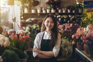 ai genererad ung asiatisk blomsterhandlare flicka leende på de kamera medan stående nära de disken av en blomma affär foto