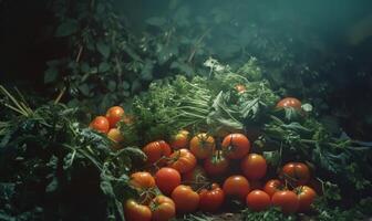ai genererad fortfarande liv med färsk tomater och persilja på en mörk bakgrund. foto