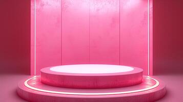 ai genererad trogen rosa neon utställningslokal med lysande cirkel visa foto