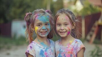 ai genererad tvärkulturellt glädje, söt europeisk barn flickor fira de indisk holi festival, täckt i färgrik måla pulver på ansikten och kroppar. foto