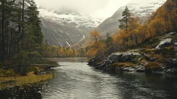 ai genererad en skön se av en berg med flod. foto