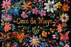 ai genererad cinco de mayo traditionell mexikansk broderi mönster på en svart bakgrund foto