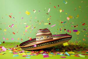 ai genererad traditionell festlig mexikansk sombrero på en kalk grön bakgrund med festlig flygande konfetti foto
