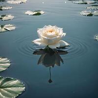 ai genererad en skön vit lotus blomma flytande på en lugn sjö omgiven förbi vatten liljor. foto