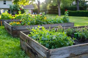 ai genererad solbelyst Uppfostrad trädgård sängar med färsk grönsaker med ai genererad. foto