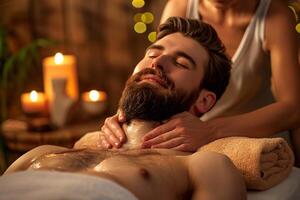 ai genererad man njuter avkopplande massage på en spa med ai genererad. foto