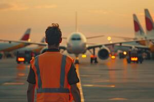 ai genererad jord besättning övervaka flygplats operationer på solnedgång med ai genererad. foto
