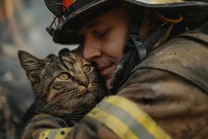 ai genererad brandman tröstande en katt mitt i gnistor med ai genererad. foto