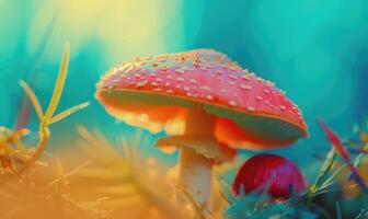 ai genererad svamp i de skog, närbild, makro fotografi. flyga agaric på en blå bakgrund foto