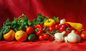 ai genererad grönsaker och frukt på en röd bakgrund. färsk grönsaker. foto