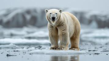 ai genererad polär Björn stående på is täckt strand foto