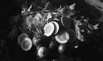 ai genererad fortfarande liv med grönsaker på en rustik bakgrund. svart och vit. foto