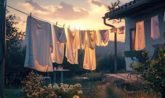 ai genererad tvätt torkning på de klädstreck i de trädgård på solnedgång foto