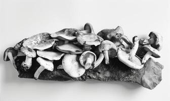 ai genererad ätlig svamp på en trä- styrelse. svart och vit Foto. foto