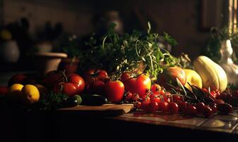 ai genererad sammansättning med färsk grönsaker på tabell i kök på natt. selektiv fokus foto