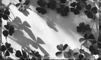 ai genererad svart och vit Foto av klöver löv på en vit vägg.