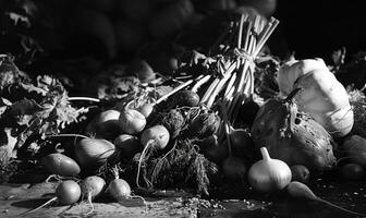 ai genererad skörd grönsaker. svart och vit Foto. topp se. foto