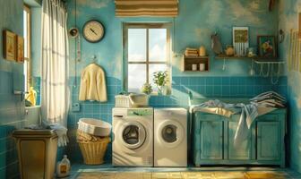 ai genererad tvätt rum interiör med tvättning maskin och kläder. foto