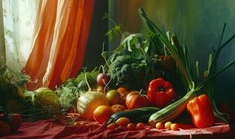 ai genererad fortfarande liv grönsaker, örter och frukt som Ingredienser i matlagning. foto