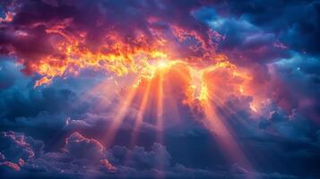 ai genererad Sol lysande genom moln i de himmel foto