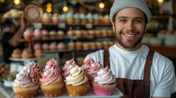 ai genererad man innehav bricka av muffins foto