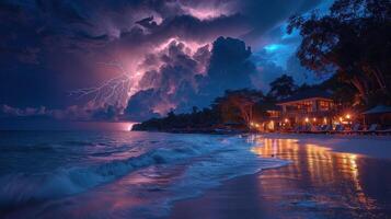 ai genererad blixt- storm över strand på natt foto