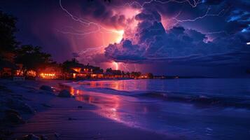 ai genererad blixt- storm över strand på natt foto