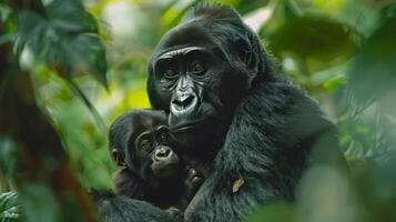 ai genererad mor gorilla och bebis i djungel foto