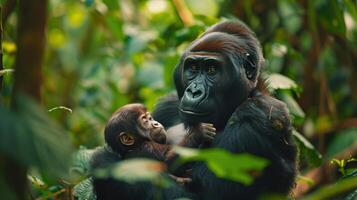 ai genererad mor gorilla och bebis i djungel foto