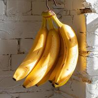 ai genererad knippa av mogen bananer hängande från krok foto