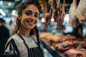 ai genererad leende kvinna slaktare i främre av kött visa. foto