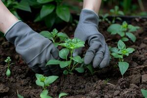 ai genererad trädgårdsmästare plantering ung basilika i bördig jord med ai genererad. foto
