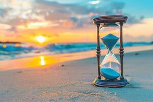 ai genererad timglas på sandig strand på solnedgång. foto